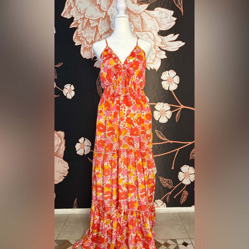 Papa Pia Vibrant Coral, Pink, & Yellow Floral Tiered Maxi Dress